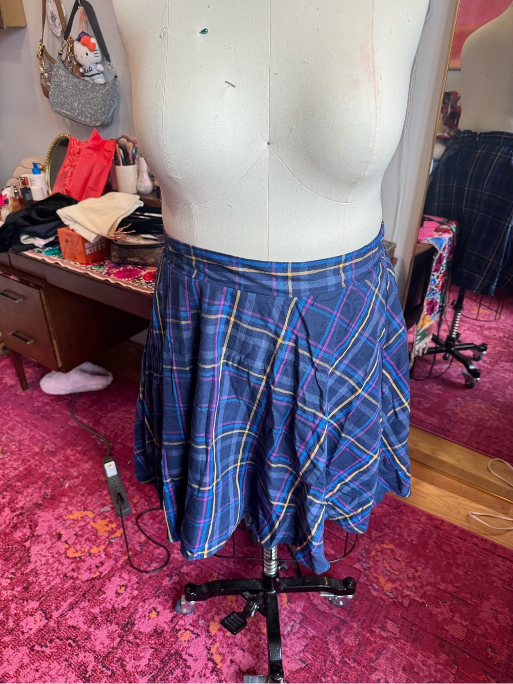 Torrid Navy Plaid Mini Skirt with Yellow & Pink Accents